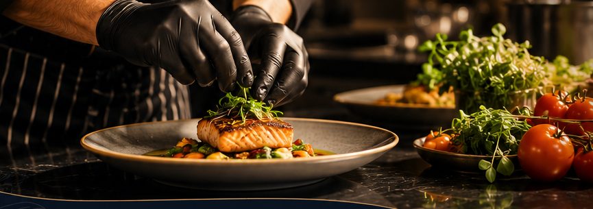 Chef plating a gourmet dish with precision