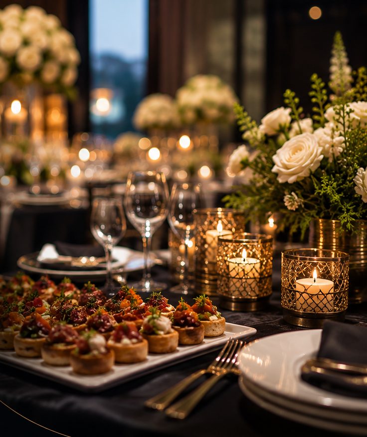 Beautifully styled event table with canapés and candlelight