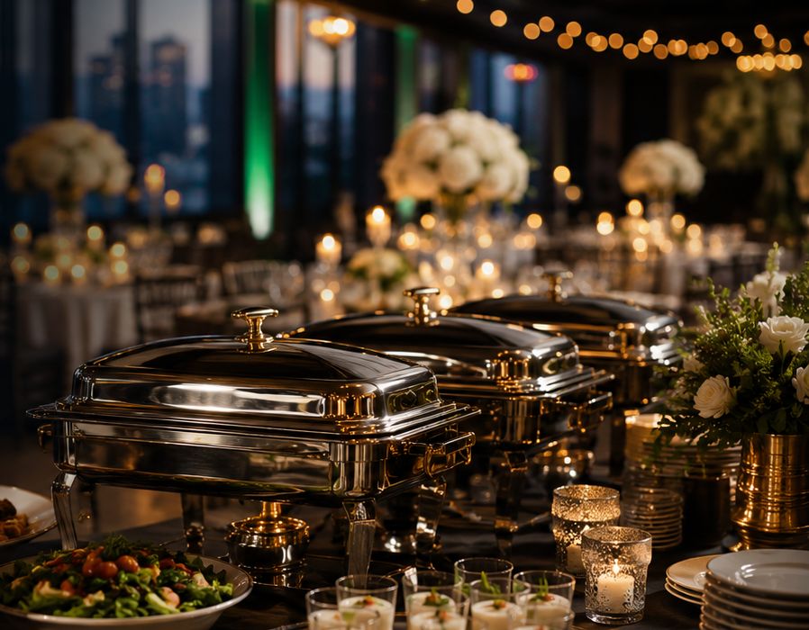 Elegant catered buffet with gold chafing dishes and candlelit floral décor